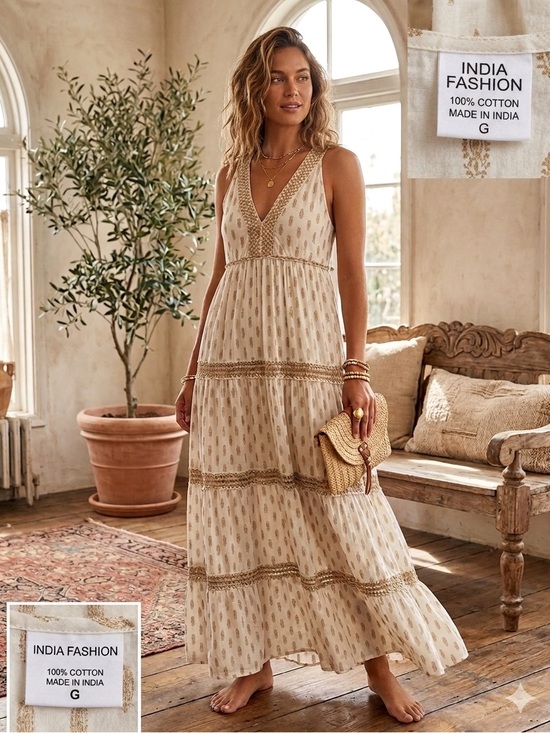 india fashion Dresses & Skirts - Cream V-Neck Cotton Maxi Dress